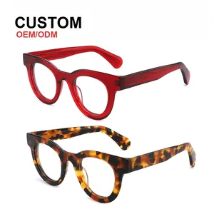 Fashion High Quality Red Round Women Acetate Glasses Frames Luxury Retro Eyeglasses Men Custom Logo Optical Eyewear Frame