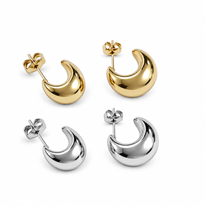Pendientes de luna creciente gruesos, de acero inoxidable con baño de oro de 14K al vacío, estilo escultórico - Product Image 1