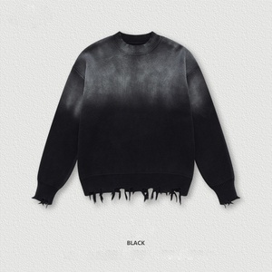 Round Neck Distressed Spring Fringe Print 100% Cotton Oversized <b>Fleece</b> <b>Sweater</b> Custom Logo Washed Men's Wholesale - Product Image 1