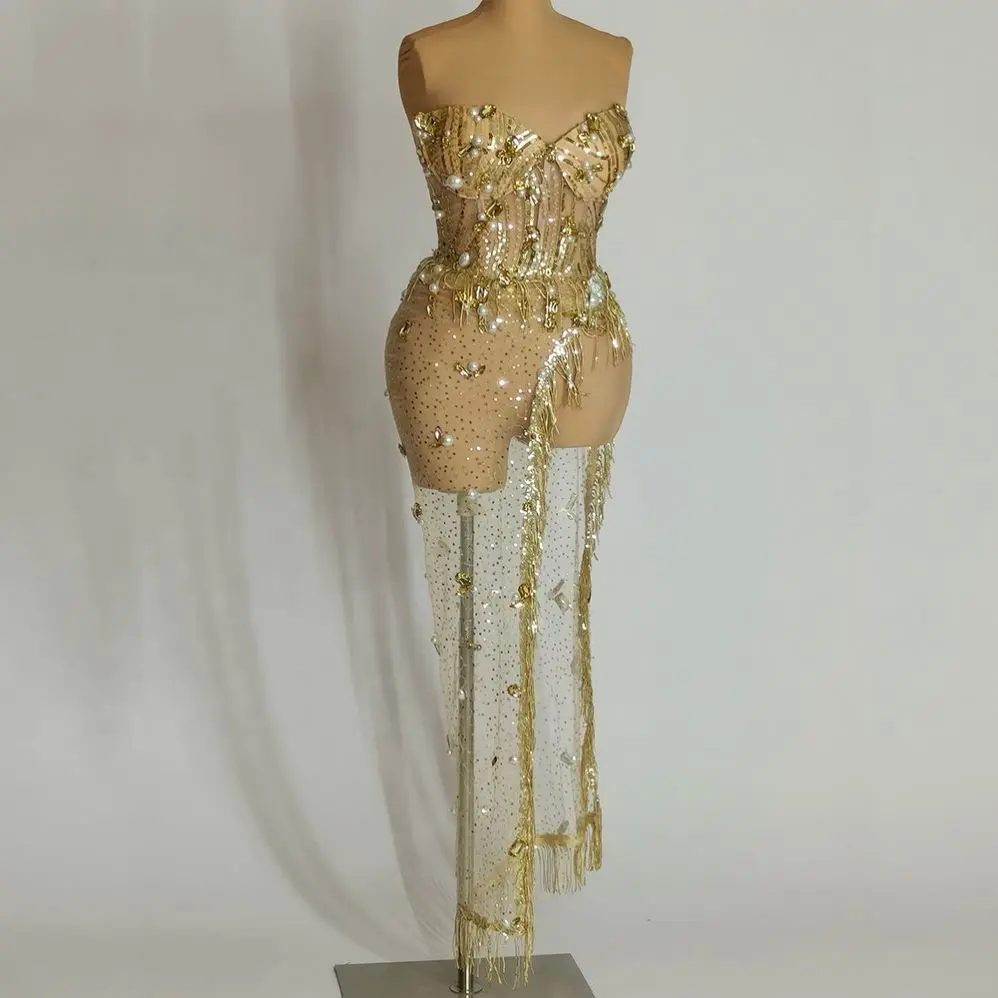 Kadınlar ışıltılı kristaller pullu uzun akşam balo parti doğum günü şeffaf gösterisi sahne giyim Mesh Rhinestone elbise