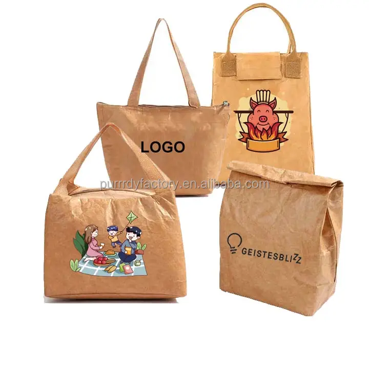 Eco Friendly Custom Logo Waterproof Tyvek Lunch Cooler Bag Foldable Insulated Freezable Brown Tyvek Paper Lunch Bag For Women
