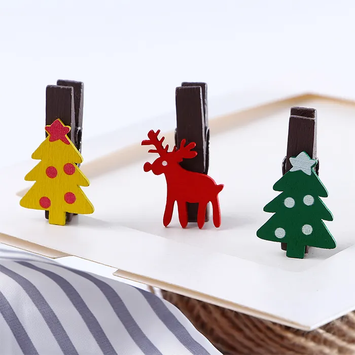 ミニメモペーパークリップクリスマスツリー鹿雪だるま木製フォトクリップ洗濯ばさみクラフトデコレーションクリップペグロープ付きギフト