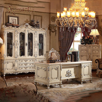 Ensemble de mobilier de bureau classique européen de luxe en bois massif sculpté, bureau de direction, bibliothèque, armoire, design de style palais français