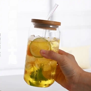Gobelet en <span class=keywords><strong>verre</strong></span> borosilicate réutilisable en bambou personnalisable <span class=keywords><strong>avec</strong></span> couvercle et <span class=keywords><strong>paille</strong></span>, design moderne, résistant à la chaleur et au froid, 12 oz/16 oz - Product Image 1