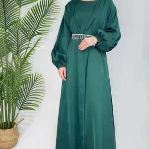 Latest Turkey EID Modest Dubai Abaya for Girl Kimono Muslim Women Dress Solid Color Bat Sleeves Satin Open Abaya Kaftan