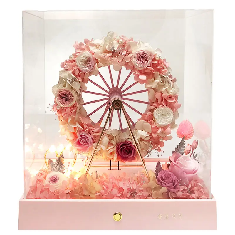 Ruota panoramica elettrica del fiore di rosa conservato reale regalo creativo luminoso di san valentino In scatola acrilica per la fidanzata