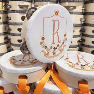 Tambourin en bois personnalisé Tamburelli avec ruban de soie coloré de 6 pouces pour mariage, église, fête, instrument de percussion sonore, prix attractif - Product Image 1