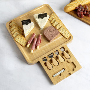 Homex | Pronto per la spedizione rettangolare quadrato Premium a buon mercato piccolo tagliere di carne salumi di bambù con coltelli - Product Image 1