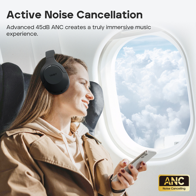 Tribit Wireless ANC Headphones Over Ear Gaming Mode Foldable Long Battery Headset