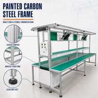Banc de travail industriel en acier au carbone peint avec convoyeur, configuré pour la ligne d'emballage et les travaux d'inspection en usine