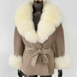 เสื้อโค้ทขนสัตว์แท้ทำมือแบบสองด้าน ขนนุ่ม พร้อมเข็มขัด  ตกแต่งด้วยขนสุนัขจิ้งจอกแท้  สำหรับฤดูหนาว  ขายส่ง - Product Image 2