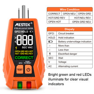 Mestek ST06 US Plug Socket Detector Smart Industrial GFCI <strong>RCD</strong> Wall Indoor Outdoor Single Electrical Voltage Socket <strong>Tester</strong> - Product Image 4
