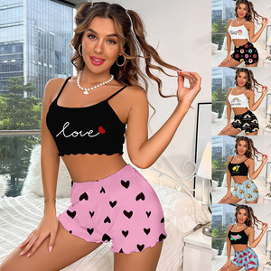 Pijamas de mujer Stretch Spaghetti Strap Milk Silk Full Printed Suspender Shorts Traje de talla grande Pijamas conjuntos de ropa de dormir - Product Image 1