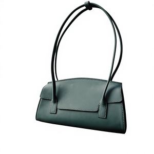Bolso de Hombro de Cuero Genuino Verde para Mujer, Bolso de Mano Retro con Cremallera de Dos Tonos, Estilo Minimalista y Moderno, Esmeralda, Años 90 - Product Image 1
