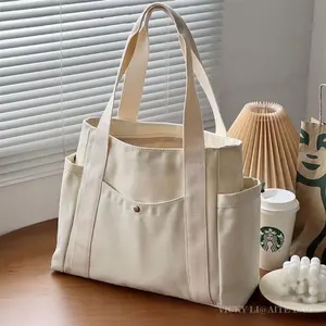 Eco-friendly riciclato grande capacità maniglia su misura logo stampato grande cotone Tote Bag in tela con tasche per le donne