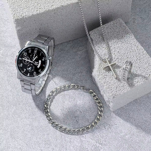 Set Promozionale 4 Pezzi da <span class=keywords><strong>Uomo</strong></span>, Nuova Collezione Estiva <span class=keywords><strong>di</strong></span> <span class=keywords><strong>Tendenza</strong></span>: Orologio Placcato Argento, Bracciale, Collana e Anello – Set Regalo - Product Image 2