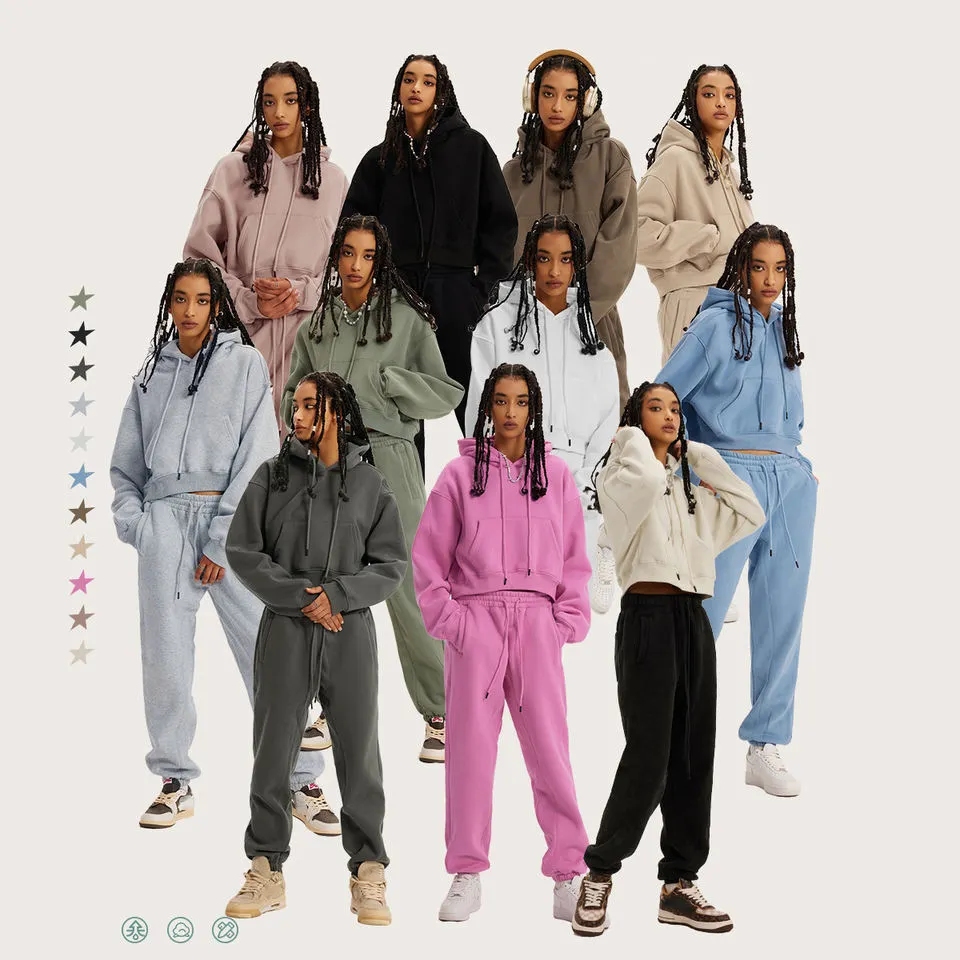 Winter Embroidery premium light blue pink female ladies 2 piece crop top hoodies women two piece pants set hoodie and joggers