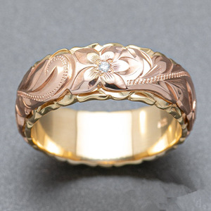 Anillo de Boda de Oro Sólido de 18K en Dos Tonos con Flor y Diamantes Redondos de Corte Brillante en Engaste de Bisel para Mujer, Anillo Clásico F595 - Product Image 3