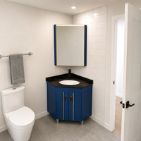 Meuble de salle de bain autoportant avec lavabo, armoire d'angle en aluminium bleu marine, poignée dorée, plateau en marbre, lavabo en céramique à encastrer sous le plan