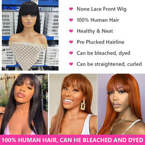 Peluca superior de cuero cabelludo falso mejorada con <span class=keywords><strong>flequillo</strong></span>, cabello humano indio crudo 100%, pelucas con flecos hechas a máquina, pelucas de cabello sin pegamento virgen - Product Image 5