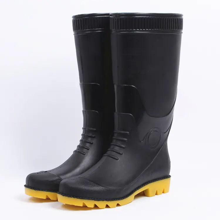 Vendita diretta stivali da pioggia con protezione del lavoro a tubo alto Pvc scarpe in gomma con suola tendine di manzo antiscivolo impermeabili a prova di olio bicolore