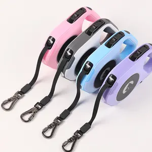 okeypets Hot Selling Multi-color Adjustable Training Flashlight LED Light Up Retractable Dog Leash With Waste Bag Dispenser