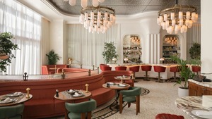 Ensemble de meubles d'hôtel modernes, canapé en velours en forme de L avec chaises vertes et tables rondes pour usage commercial - Product Image 3