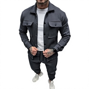 Men's Customized Casual Sportswear Track Suit Jacket Pants Set Hooded Solid Color Winter Wear Windproof French Terry <b>Wool</b> Front - Product Image 3