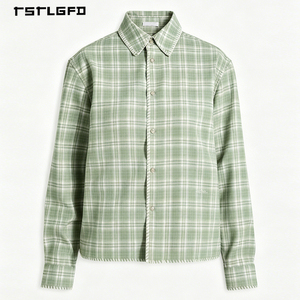 Chemise à carreaux vert sauge pour homme, manches longues, coupe décontractée, surpiqûres apparentes, style vintage preppy old money, surchemise décontractée - Product Image 1