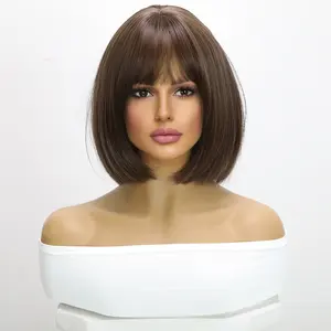 Brown Air Bangs Wavy Hair Straight Hair High-temperature Silk Fashionable Wig Jewish Wigs