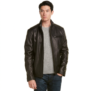 Men's Slim Fit Genuine Leather Moto Jacket Stand Collar Zipper Closure Solid Color Regular Length Autumn Wear - Product Image 1