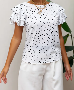 <span class=keywords><strong>Camisa</strong></span> de manga corta con estampado de <span class=keywords><strong>lunares</strong></span> para <span class=keywords><strong>mujer</strong></span>, cuello redondo, estilo princesa europea y americana, nueva colección de verano 2025, talla grande - Product Image 3