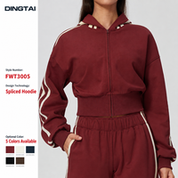 Dingtai Sweat-shirt à capuche pour femme, coupe courte, zippé, avec manches à bandes contrastantes, ourlet côtelé, en molleton chaud, style coupé-cousu, vêtement de détente