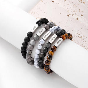 Pulsera de Acero Inoxidable Chapada en Oro con Cuentas Grabadas, Ágata y Cuarzo, <span class=keywords><strong>Nombre</strong></span> Personalizado, Joyería de Regalo Personalizada DIY - Product Image 1