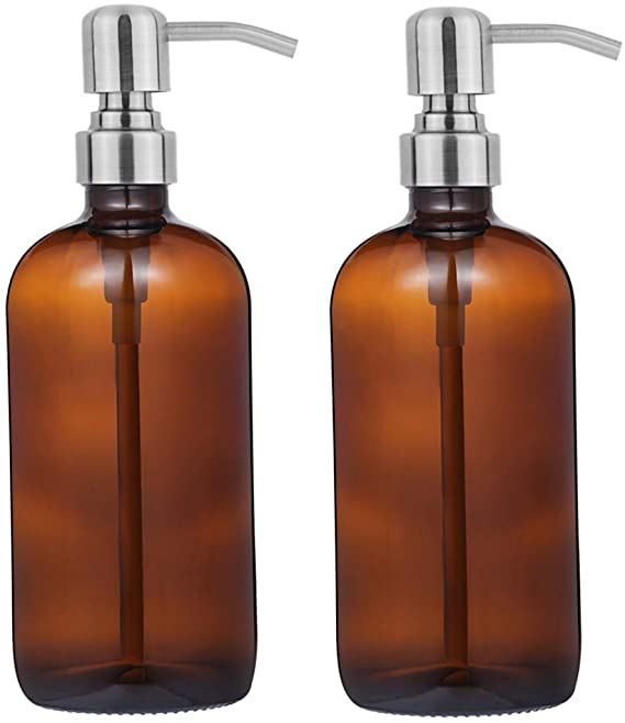 16oz   Boston Round Bottles Thick Amber Glass Soap Dispenser with Stainless Steel Pump