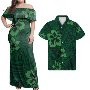 Vestidos de Fiesta Hawaianos con Estampado Tribal Polinesio Personalizado para Parejas, Diseño Casual con Hombros Descubiertos, Vestido Largo con Volantes para Mujer - Product Image 2