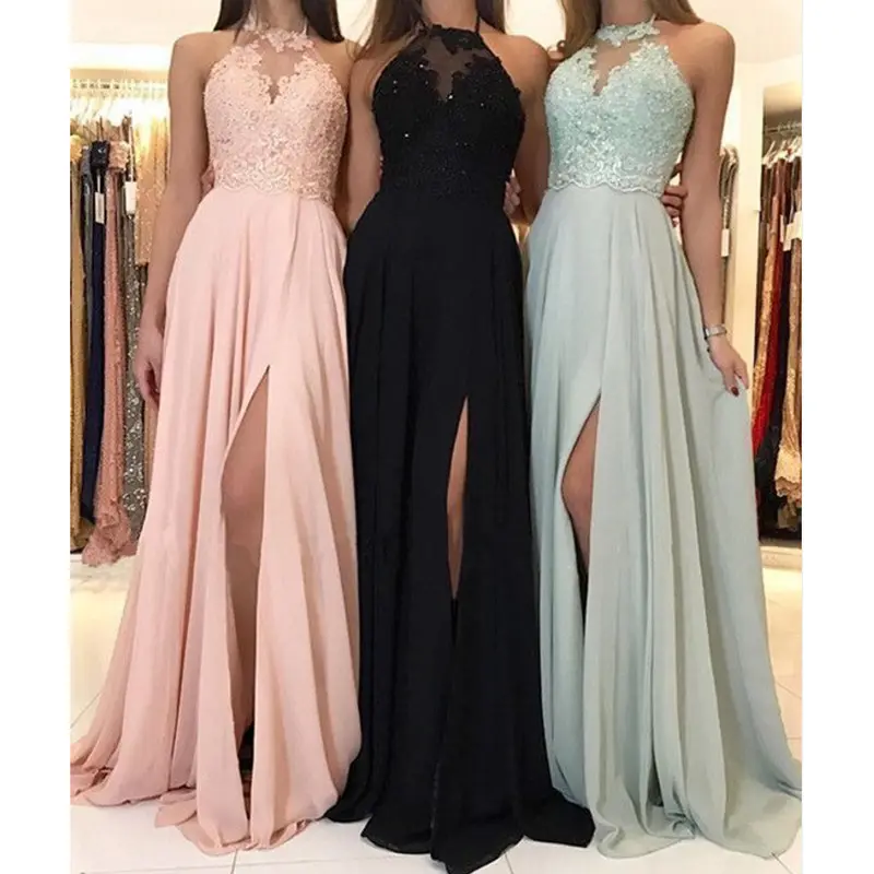 Hot selling high quality long prom dress applique halter sleeveless split chiffon girls bridesmaid dresses