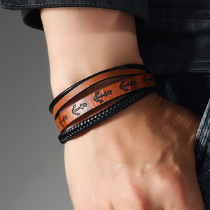 Hot Selling Charm Bracelet Multi-Layer Navy Blue Anchor Leather Hand Woven Classic Style Bracelets for <b>Men</b> - Product Image 2