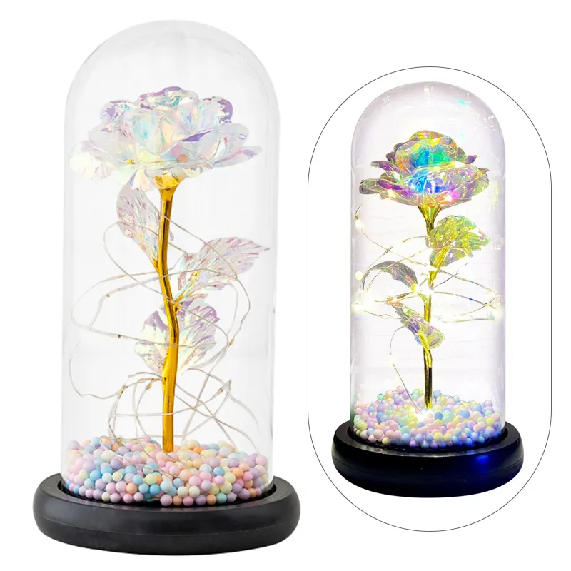 Bunga Buatan Cantik dan Binatang Buas, Kubah Kaca Rose In Glass dengan Hadiah Natal Valentine Pernikahan LED