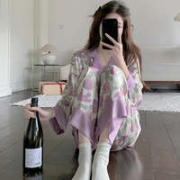Ensemble de pyjama en soie glacée pour femmes printemps et été haut à manches longues et pantalon pleine longueur, costume de nuit confortable imprimé fleur de tulipe