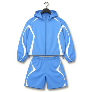 FIFTHGEAR INTERNATIONAL Mens Blue Sporty Hooded Jacket <b>Shorts</b> Windbreaker Quick Dry <b>Polyester</b> Summer Outdoor Wear OEM Bulk Order - Product Image 1