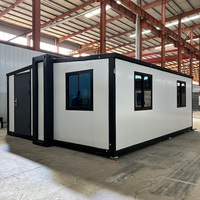 Maison conteneur extensible à double aile de 20 pieds, préfabriquée, modulaire, mobile, avec extérieur imitation bois, petite maison extensible pour habitation