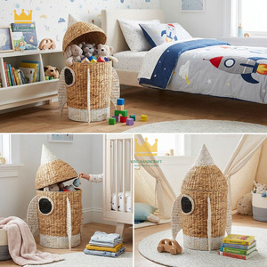 Cesta de almacenamiento de ratán ecológica para habitación infantil, organizador de juguetes para niños, color natural con ribete blanco - Product Image 4