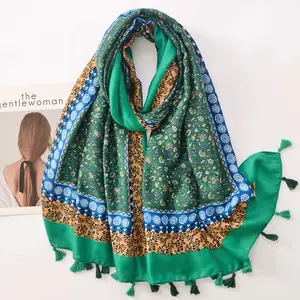 Outdoor Gauzy Scarves Fashion Viscose Tassel Shawl With Floral Prints For Women Supplier Wholesale