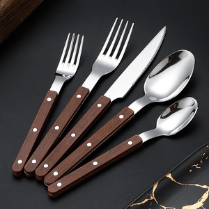 Stainless Steel Western Steak Knife <b>Fork</b> <b>Spoon</b> <b>Set</b> With Wood Handle Dishwasher Safe 5 Piece Flatware For Picnic - Product Image 5