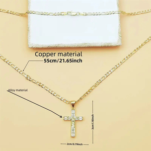 Colar com Pingente de Crucifixo em Cobre com Cadeia Figaro e Zircônia Cúbica para Homens e Mulheres, Joias Religiosas Católicas - Product Image 5