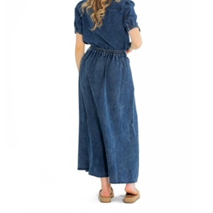 Nouvelle jupe longue en jean décontractée pour femme, taille haute, coupe trapèze plissée, style vintage, bleu délavé - Product Image 2