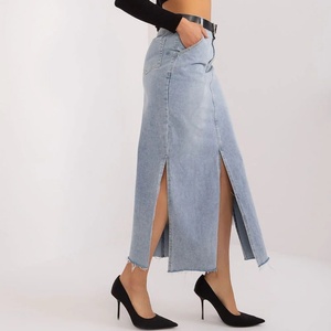 Nouvelle Arrivée Jupe Longue en Jean Taille Haute Style Cargo avec Double Fente, Bleu Vintage et Ourlet Effiloché - Product Image 4