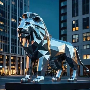 Escultura de León Geométrica Tallada en 3D de Acero Inoxidable, Moderna, para Exteriores, para Campuses Corporativos, Arte Público Personalizado - Product Image 3