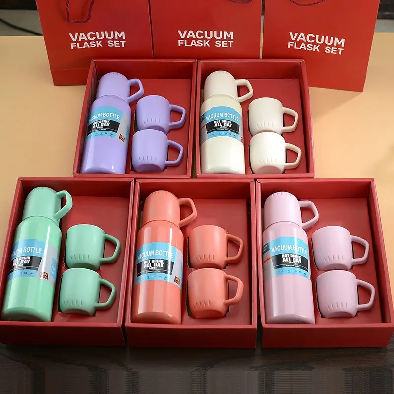 Set di fiaschetta Goofit Set Thermos sottovuoto in acciaio inossidabile aziendale Color Macron Set una tazza due coperchio scatola regalo bottiglia d'acqua da 538ML
